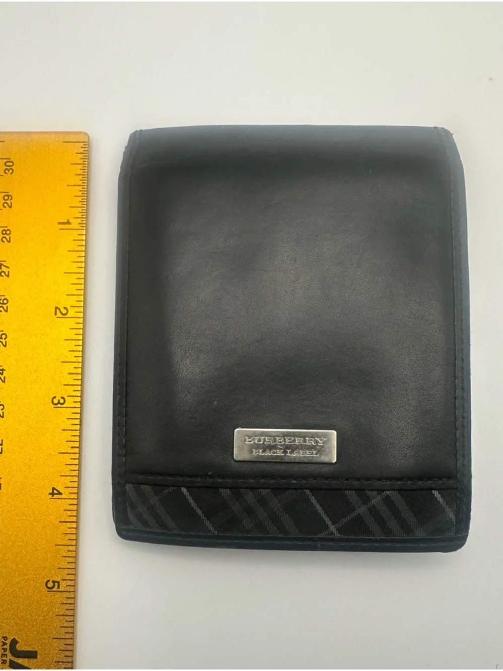 Burberry Black Leather Wallet Bifold Plaid Check Folding Card Coin Black Label